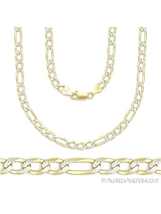 4mm Figaro Pave Link .925 Sterling Silver 14k Yellow Gold  4mm Figaro Pave Link .925 Sterling Silver 14k Yellow Gold-Plated Chain Necklace